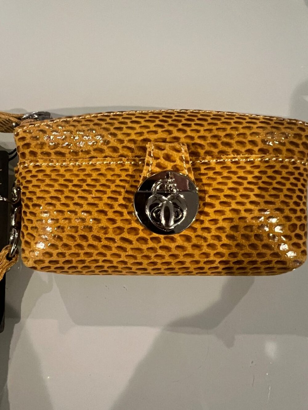NWT Sorial New York Mustard Yellow Snake Embossed Leather Coin Purse Wristlet